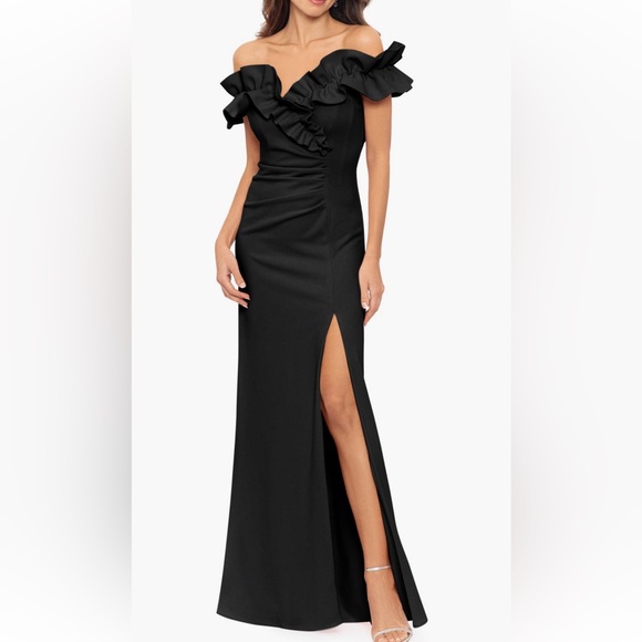 Xscape Black Off the Shoulder Ruffle Gown Worn Once Size 14 - Picture 1 of 5